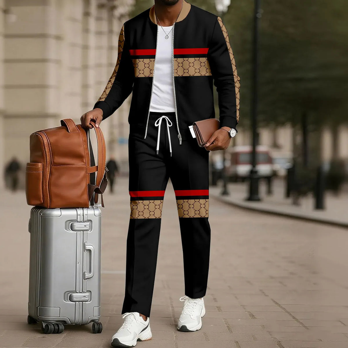 Men's Two-Piece Set: Color-Blocked Printed Zip-Up Cardigan and Pants