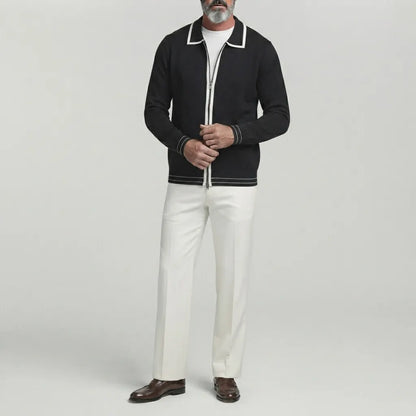 Men's Solid Color Contrast Binding Turndown Collar Zipper Knitted Cardigan