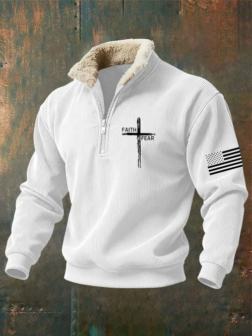 Men's Retro Faith Cross Print Zipper Fur Collar Long Sleeve Sweatshirt