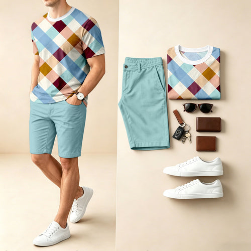 Men's Casual Checkered Patchwork Print Round-Neck Short-Sleeve T-Shirt And Shorts Two-Piece Set