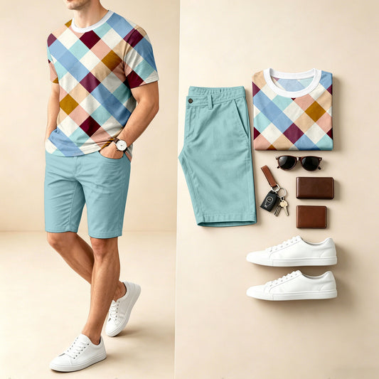 Men's Casual Checkered Patchwork Print Round-Neck Short-Sleeve T-Shirt And Shorts Two-Piece Set