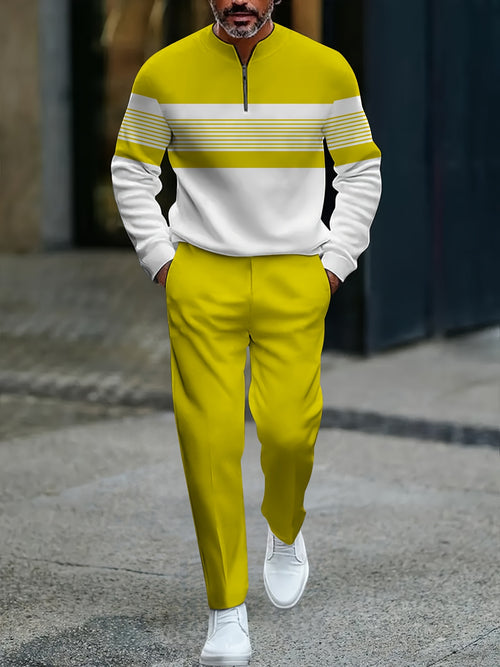 Men's Casual Yellow & White Color Matching Striped Printed Round-Neck Zipper Long Sleeved Sweatshirt & Trousers Two-Piece Set