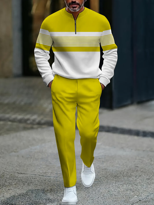 Men's Casual Yellow & White Color Matching Striped Printed Round-Neck Zipper Long Sleeved Sweatshirt & Trousers Two-Piece Set