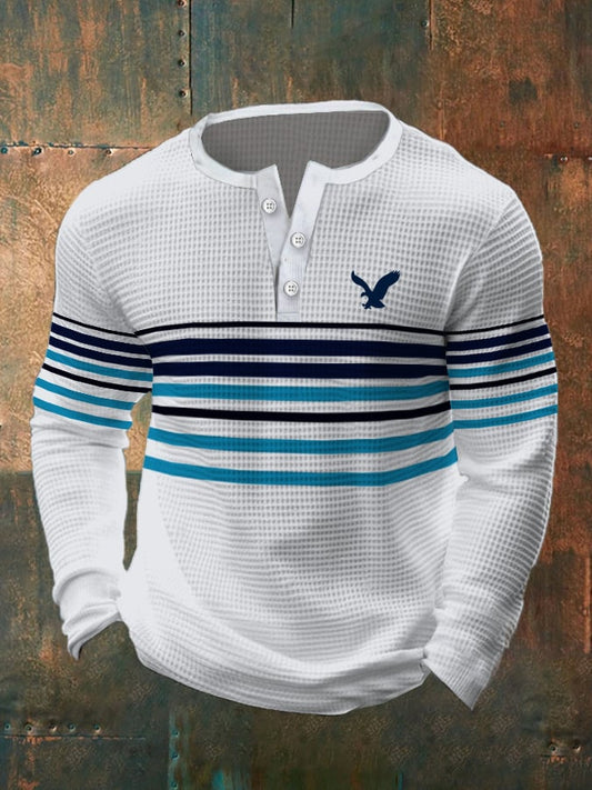 Men's Vintage Waffle Color Patch Henley Neck T-Shirt
