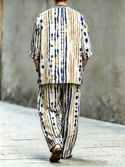 Men's Vintage Abstract Art Printed Cotton Shirt Set (Top & Pants)