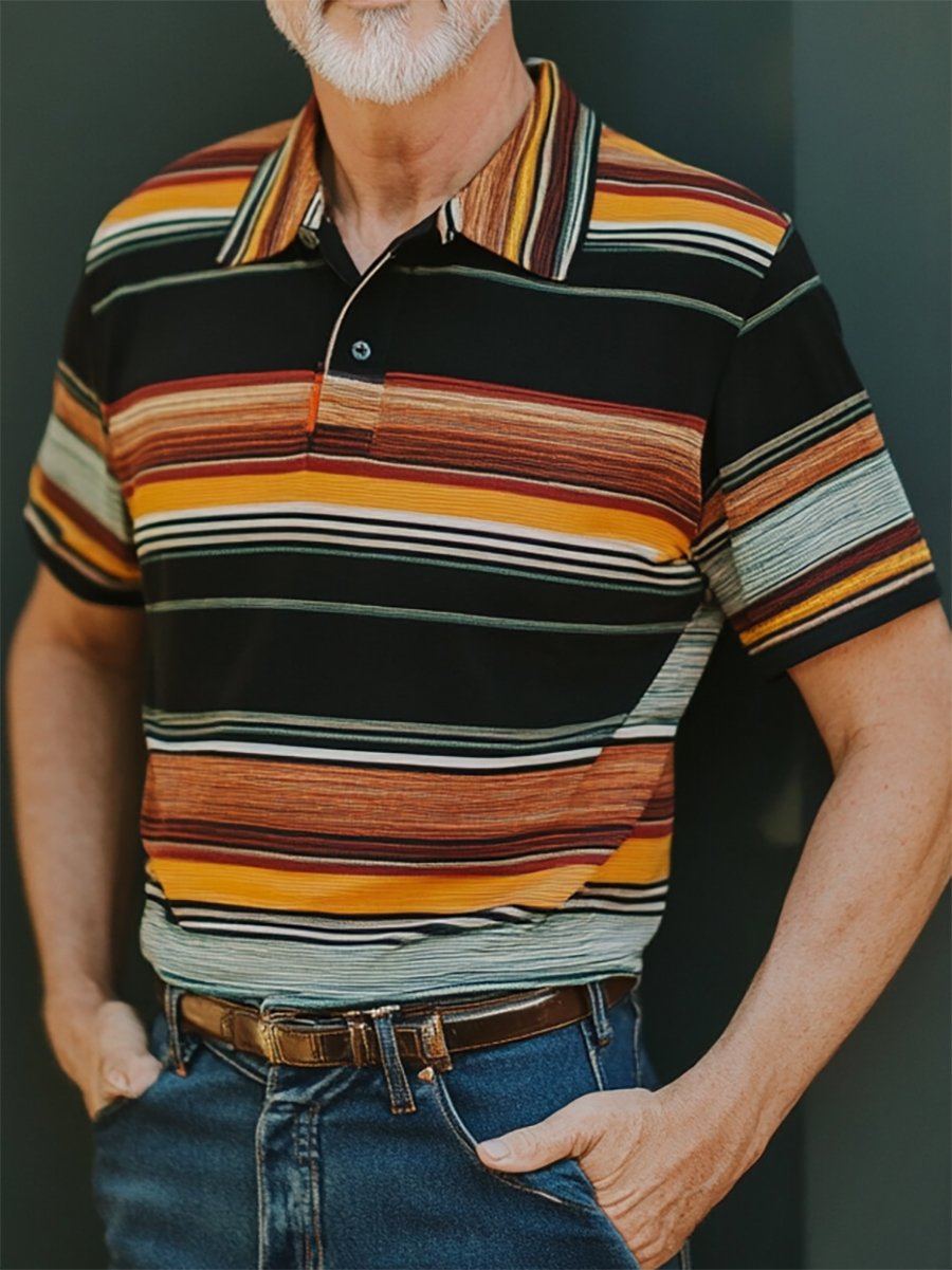 Men's Casual Business Stripe Print Button-Down Short Sleeve Polo Shirt