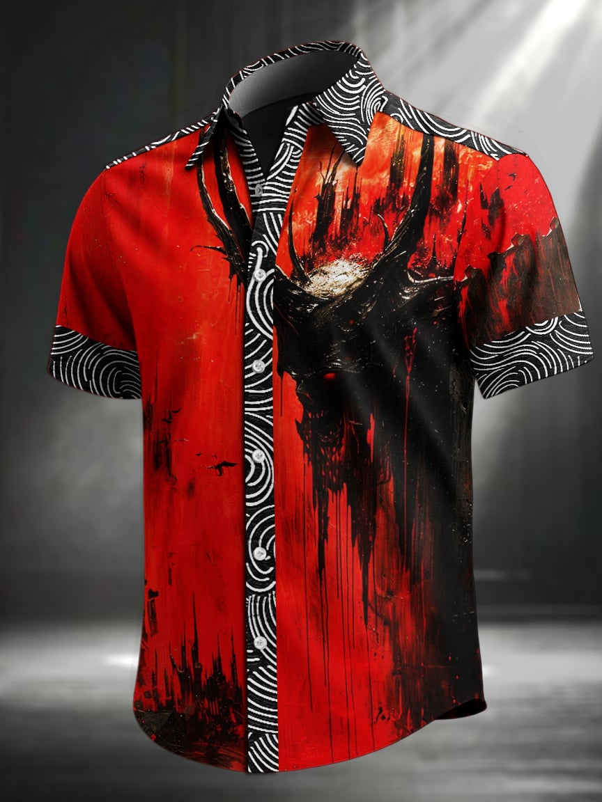 Men's Vintage Skull Floral Print Lapel Short Sleeve Shirt