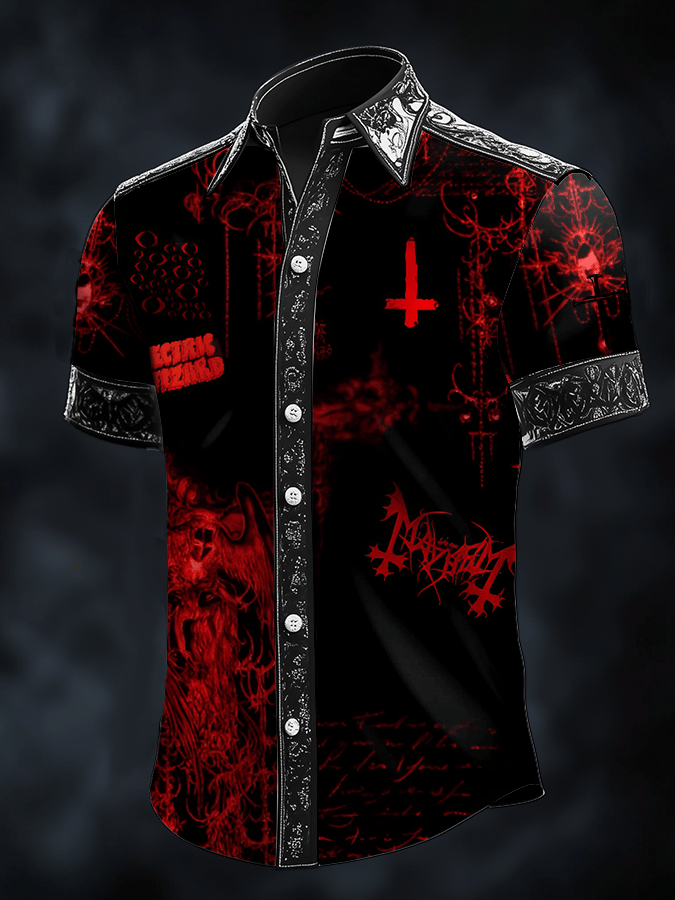 Men's Dark Skull Print Satin Short Sleeve Shirt