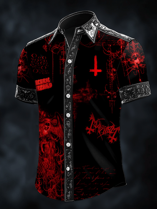 Men's Dark Skull Print Satin Short Sleeve Shirt