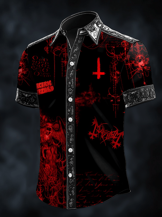 Men's Dark Skull Print Satin Short Sleeve Shirt