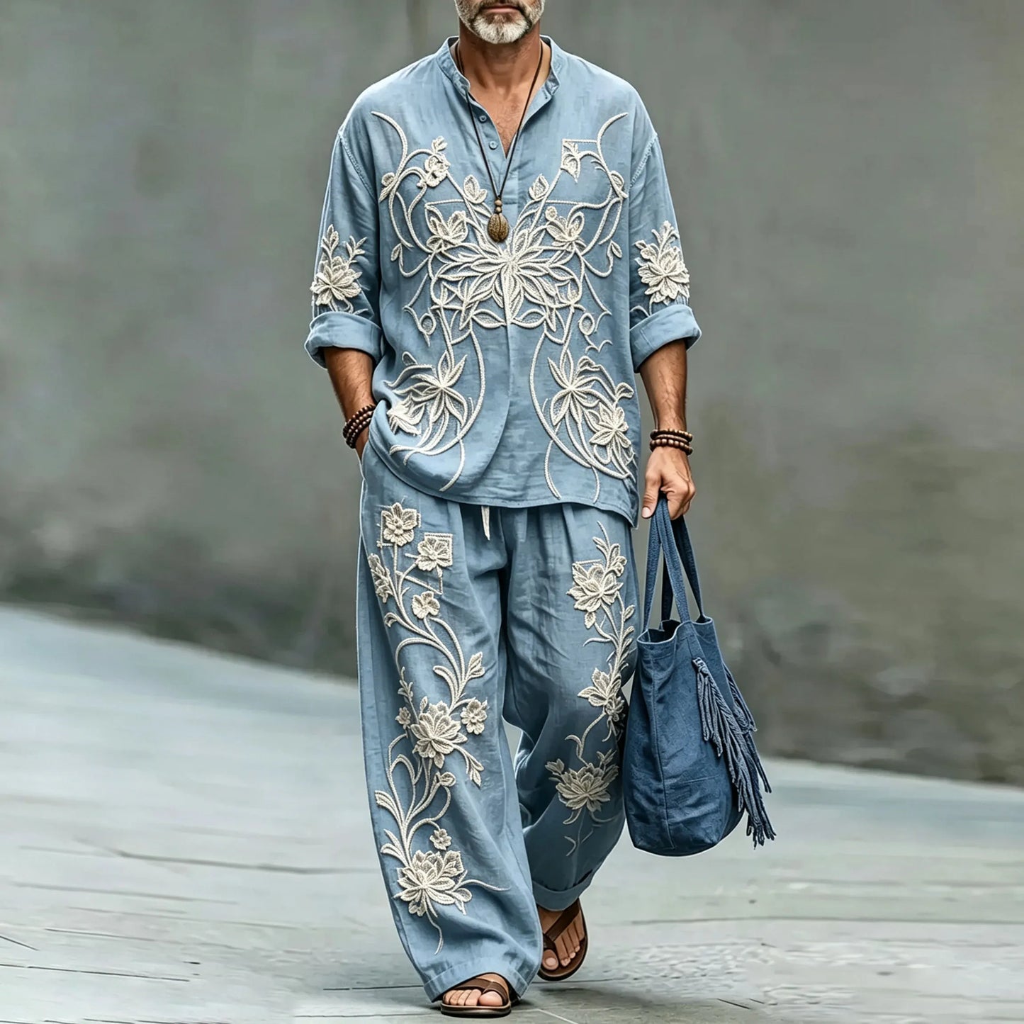 Men's Floral Stand-Collar Polo Shirt and Long Pants Two-Piece Suit Set