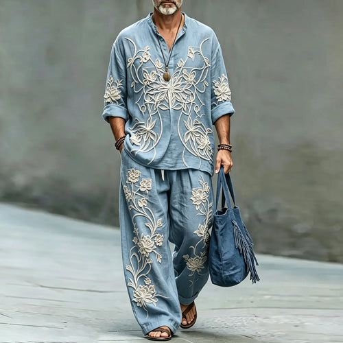 Men's Floral Stand-Collar Polo Shirt and Long Pants Two-Piece Suit Set