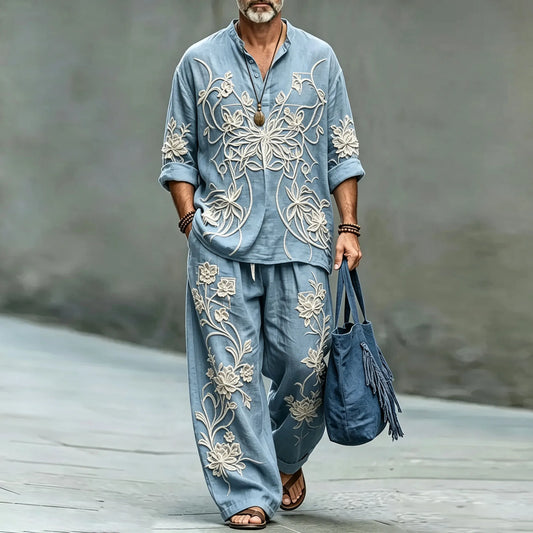 Men's Floral Stand-Collar Polo Shirt and Long Pants Two-Piece Suit Set