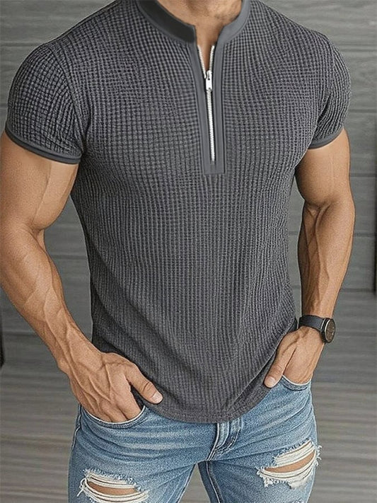 Men'S Casual Zipper Stand Collar Short-Sleeved Polo Shirt