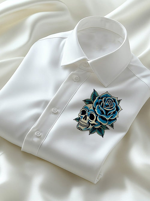 Men's Business Casual Rose Skull Logo Lapel Short Sleeve Shirt