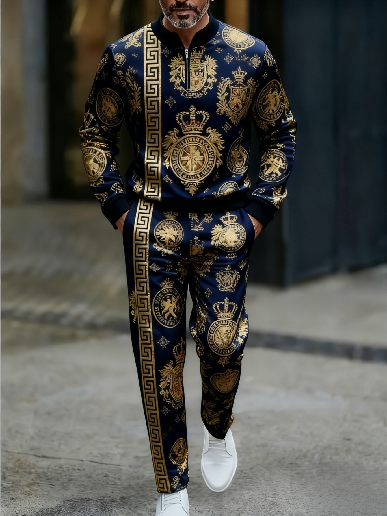 Men's Casual Navy Blue & Gold Color Matching Baroque Printed Round-Neck Zipper Long Sleeved Sweatshirt & Trousers Two-Piece Set