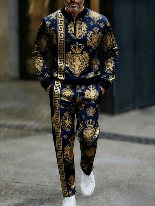 Men's Casual Navy Blue & Gold Color Matching Baroque Printed Round-Neck Zipper Long Sleeved Sweatshirt & Trousers Two-Piece Set