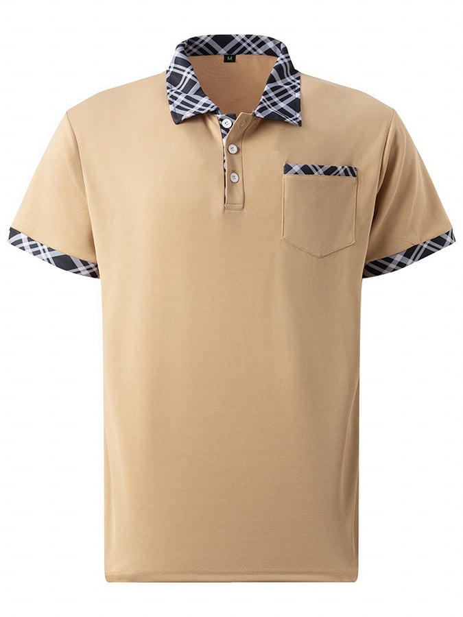 Men's retro plaid stitching fashion casual polo shirt (with pockets)