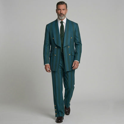 Men's Teal Contrast Striped Print Side Buttons High Waist Wide Leg Suit Pants