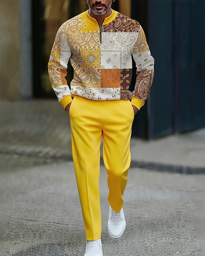 Men's Casual Color Matching Printed Round-Neck Zipper Long Sleeved Trousers Two-Piece Set