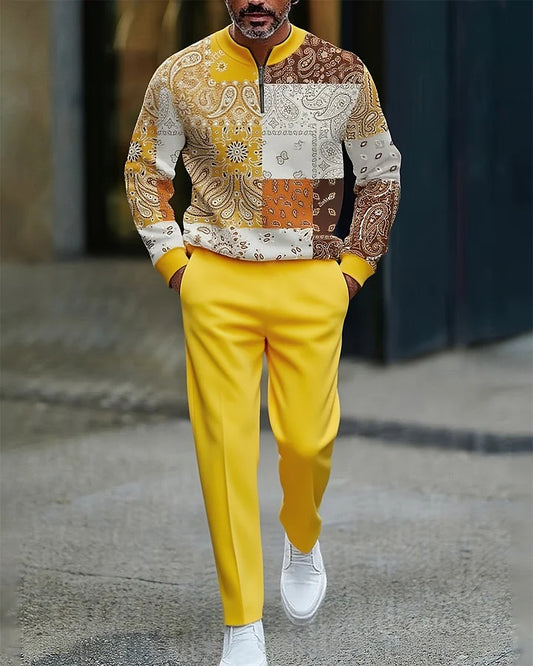 Men's Casual Color Matching Printed Round-Neck Zipper Long Sleeved Trousers Two-Piece Set