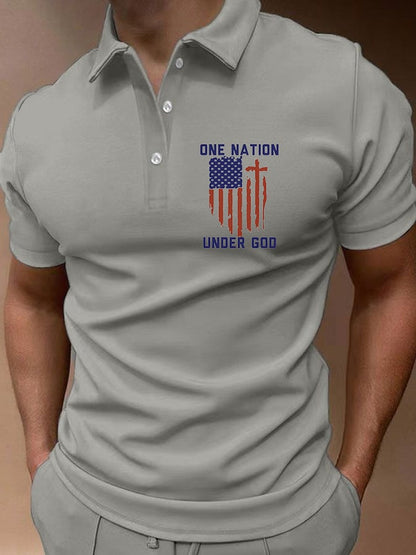 Men's Flag Cross Print Button Casual Polo Shirt