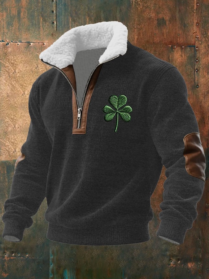 Men's Vintage St. Patrick's Day Print Long-Sleeved Sweatshirt With Fur Collar