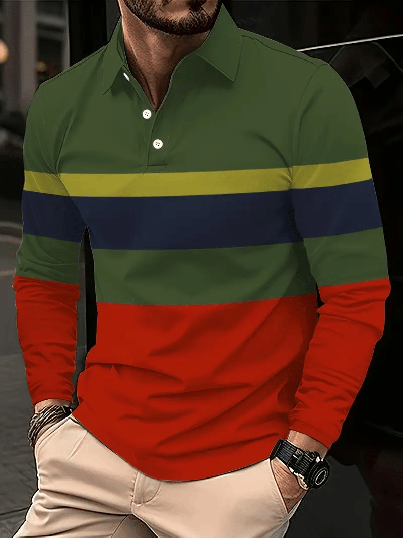 Men's Business Casual Striped Long Sleeve Polo