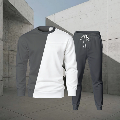 Men's Casual Color Matching Printed Round-Neck Long-Sleeve Sweatshirts Trousers Two-Piece Set