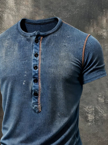 Men'S Retro Pure Cotton Washed Distressed Color-Blocked Henley Collar Short-Sleeve Top