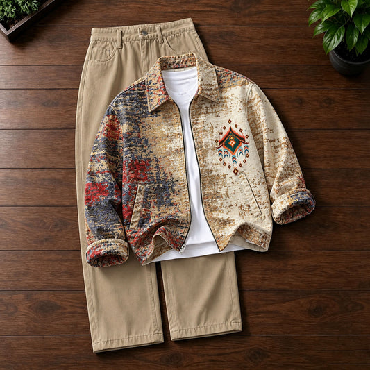 Men's Printed Lapel-Collar Zip-Up Cardigan and Pants Set