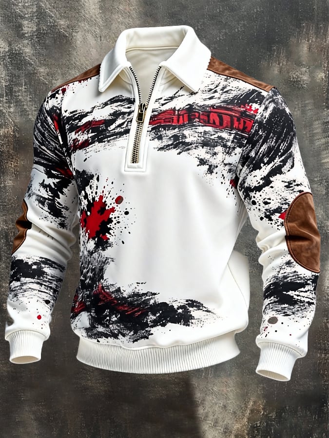 Men's Retro Color Block Print Zipper Sweatshirt