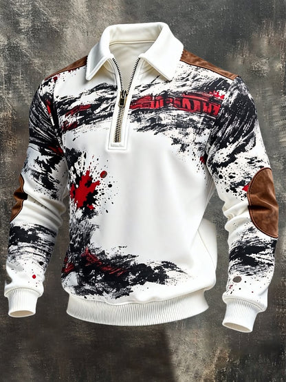 Men's Retro Color Block Print Zipper Sweatshirt