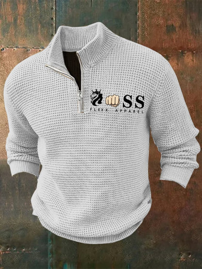 Men's Retro Letter Design Printed Zipper Collar Jacquard Knitted Sweatshirt
