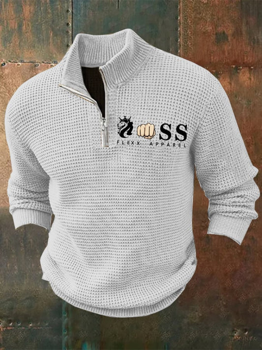 Men's Retro Letter Design Printed Zipper Collar Jacquard Knitted Sweatshirt