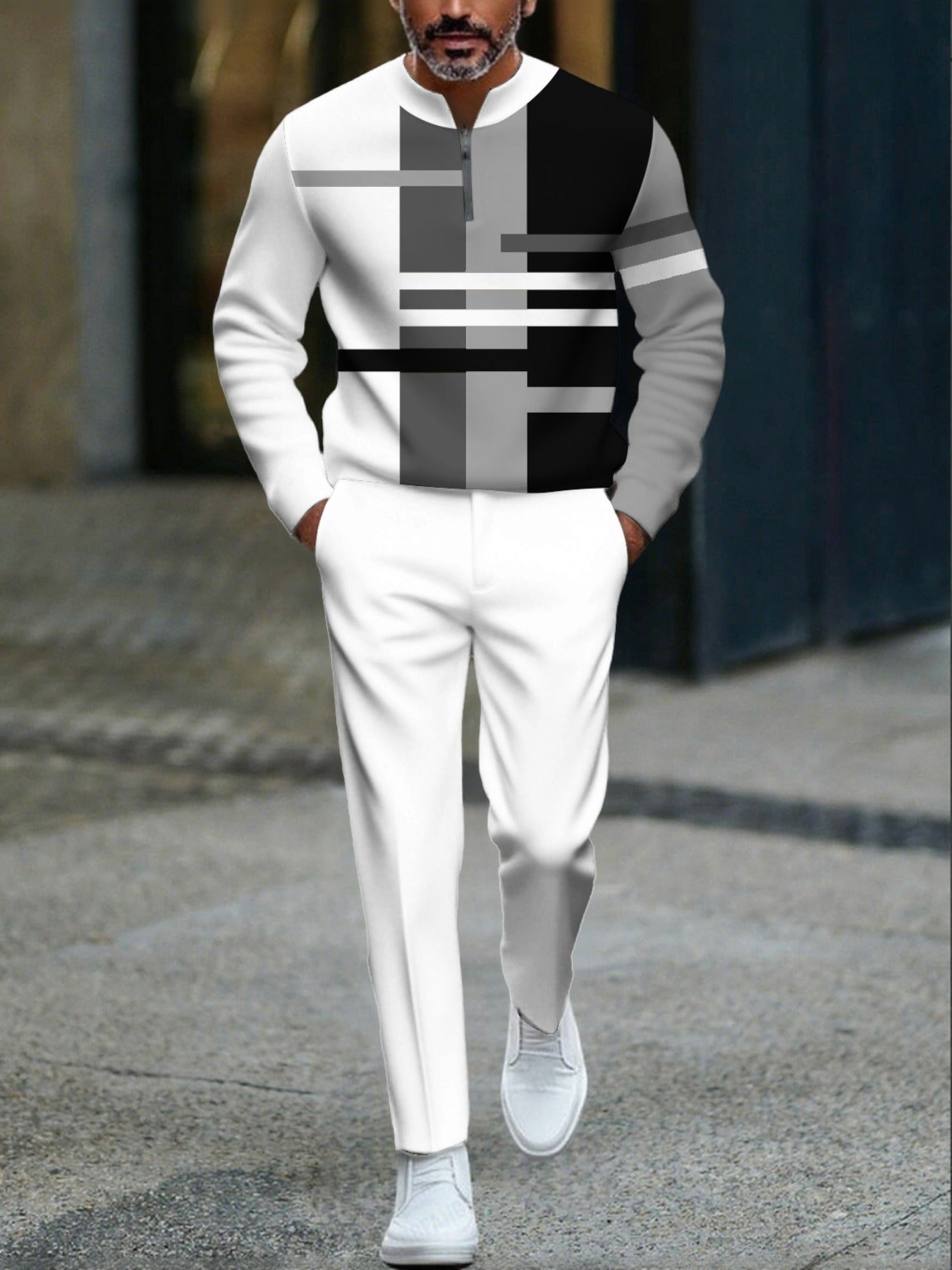 Men's Casual White & Black Color Matching Geometric Printed Round-Neck Zipper Long Sleeved Sweatshirt & Trousers Two-Piece Set