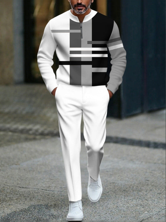 Men's Casual White & Black Color Matching Geometric Printed Round-Neck Zipper Long Sleeved Sweatshirt & Trousers Two-Piece Set