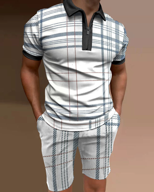 Men's polo shirt check print two piece set