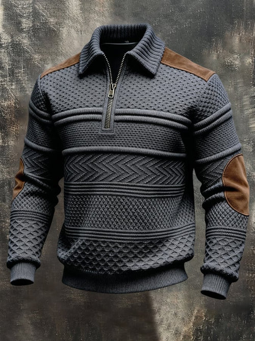 Men'S Vintage-Style Textured Patchwork Color-Block Long-Sleeved Sweatshirt