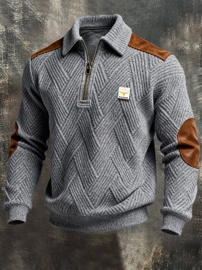 Men's Retro Jacquard Textured Patchwork Comfortable Color-Blocked Zip-Up Sweatshirt