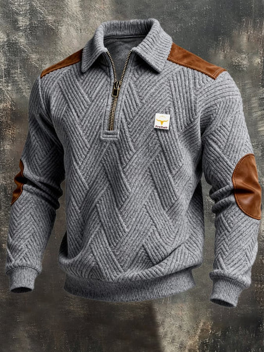 Men's Retro Jacquard Textured Patchwork Comfortable Color-Blocked Zip-Up Sweatshirt
