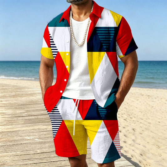 Men's Casual Colored Geometry Short-Sleeved Shirt And Shorts Two-Piece Set