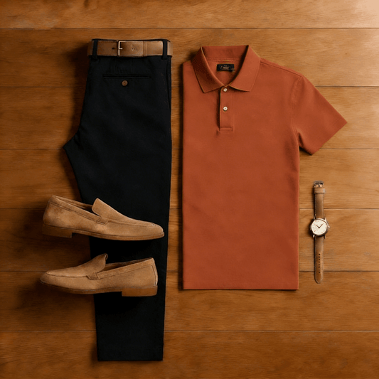 Men's Casual Red Brown & Black Solid Color Matching Sport Short Sleeved Polo Shirt & Trousers Two-Piece Set