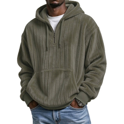 Men’s Vertical Striped Soft Fuzzy Half Zip Hooded Sweatshirt