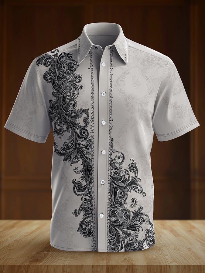 Men's Casual Retro Gentleman Brogue Pattern Dark Shirt