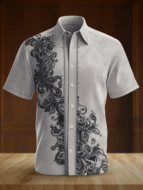 Men's Casual Retro Gentleman Brogue Pattern Dark Shirt