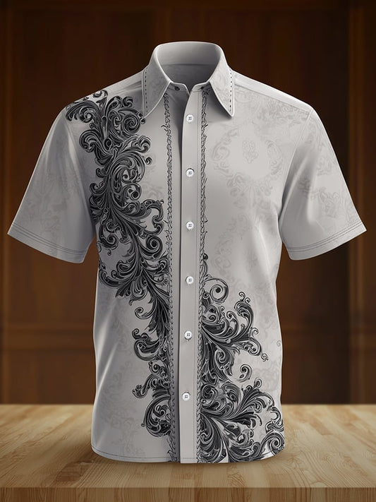 Men's Casual Retro Gentleman Brogue Pattern Dark Shirt