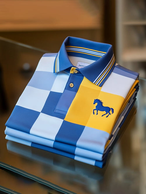 Men's Classic Business Check Logo Button Short Sleeve Polo Shirt