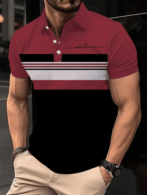 Men's Business Stripe Logo Button-Down Short Sleeve Polo Shirt