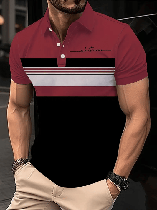 Men's Business Stripe Logo Button-Down Short Sleeve Polo Shirt